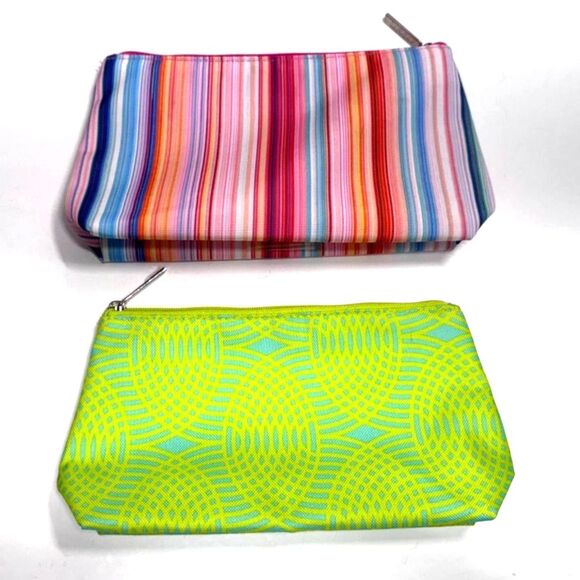 NEW Clinique Makeup Bags, Set of 2, Rainbow Stripe and Lime Geometric Patterns - Picture 1 of 5